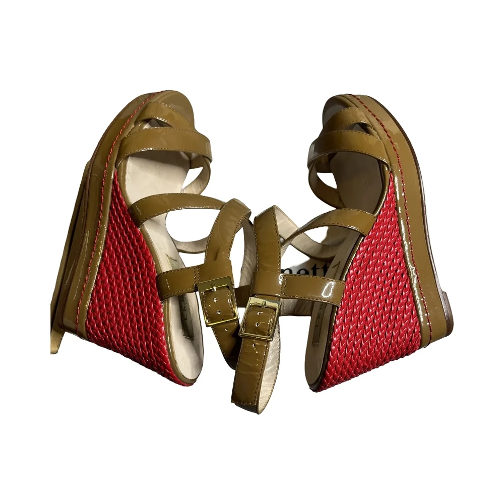 L.K‎ Bennett Patent Leather Red and Brown Wedge Sandals Size: 37